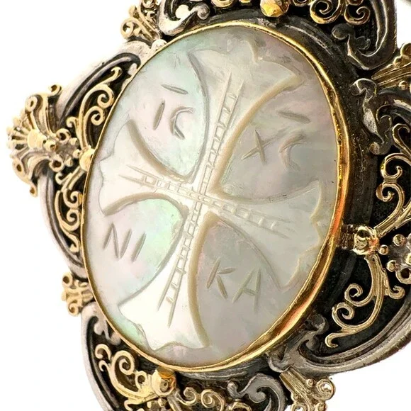 Designer Konstantino 925 Sterling Silver 18k Gold Mother of Pearl Cross Pendant - Picture 6 of 12